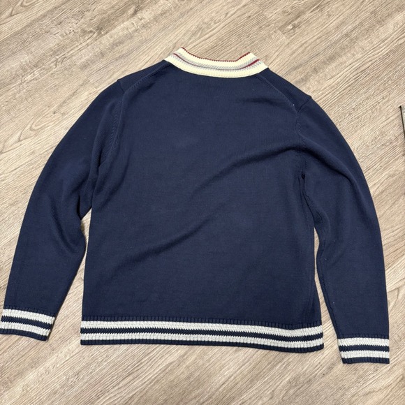 Nautica Mens XL V-Neck Sweater Navy Blue Striped Trim Cricket Style Knit XL - Picture 2 of 6